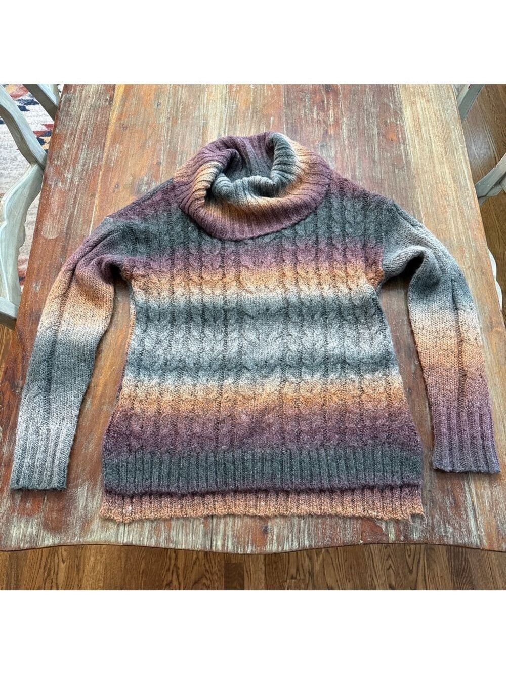 Tribal Fashion Wool Blend Ombre Cable Knit Cowl Neck Sweater – Sunset Tones – S